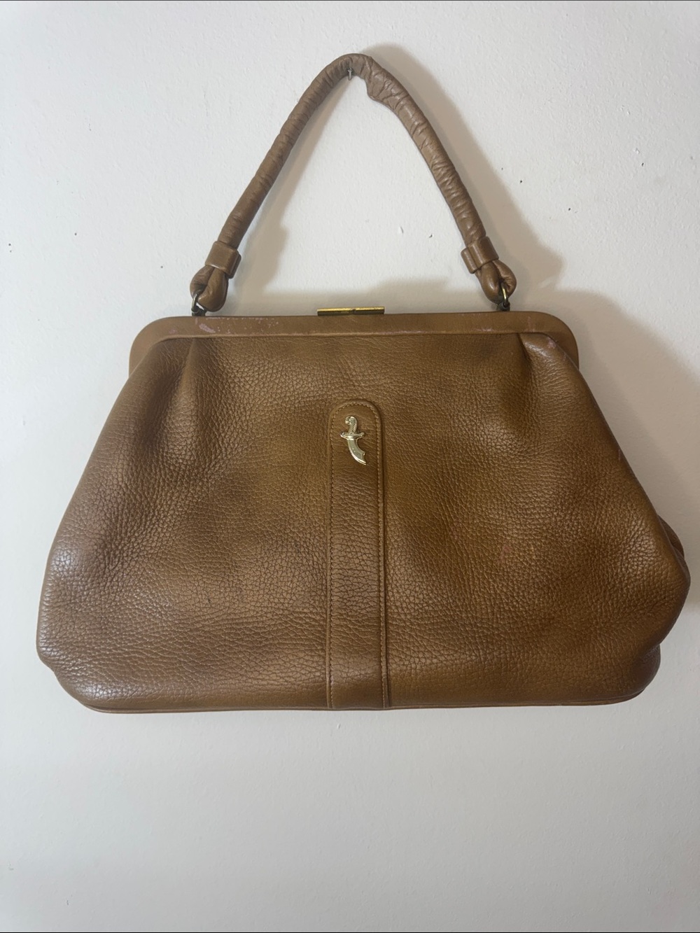 Vintage Classic Brown Leather J Miller  Frame-Top Handbag clasp purse retro